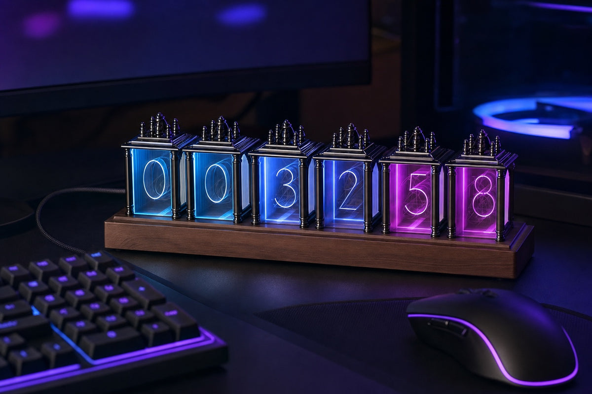 Reloj NIXEL en azul y violeta junto a un teclado gaming
