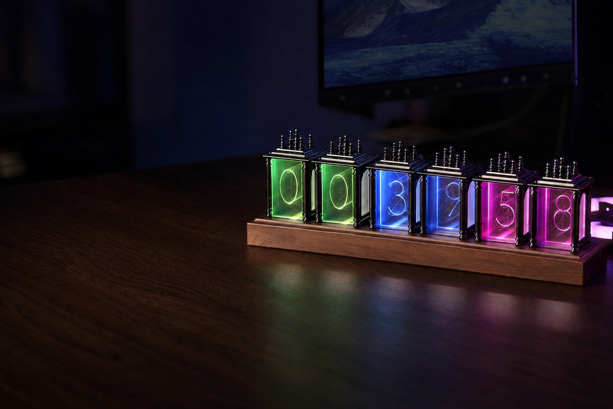Reloj de tubos RGB NIXEL brillando en colores sobre un escritorio de madera por la noche